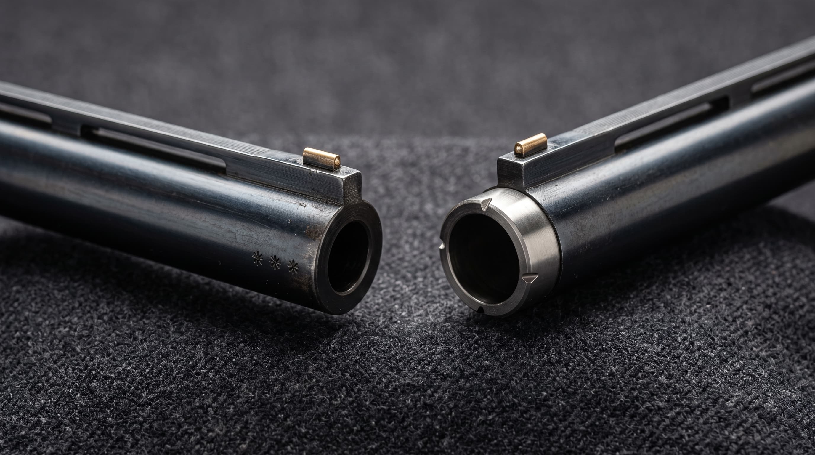 Side-by-side shotgun muzzles: fixed choke with stamped stars on the barrel, and a flush tube with rim notches