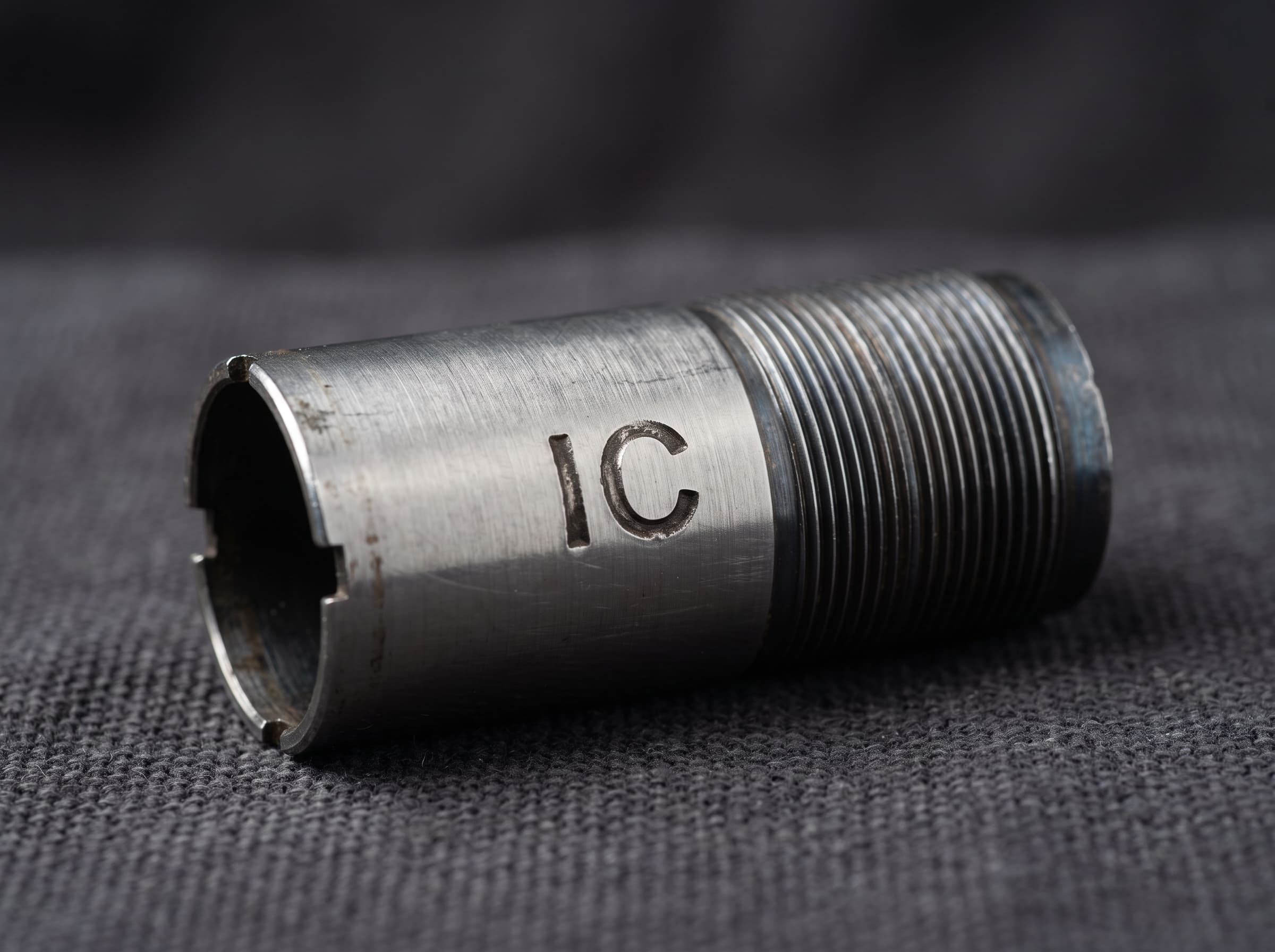 Removable choke tube with IC letter code stamped on the side wall and rim notches at the muzzle end